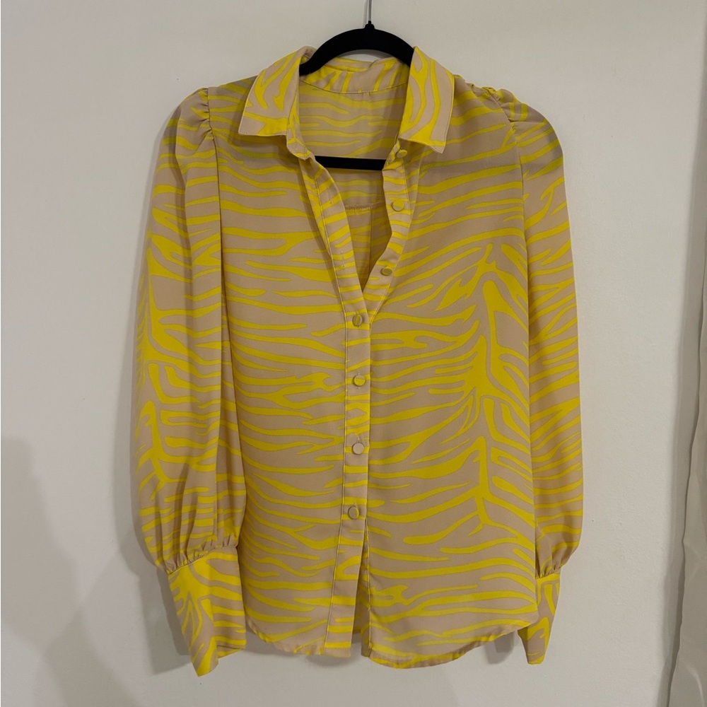 Yellow and Gray Puff Sleeve Button Down Blouse